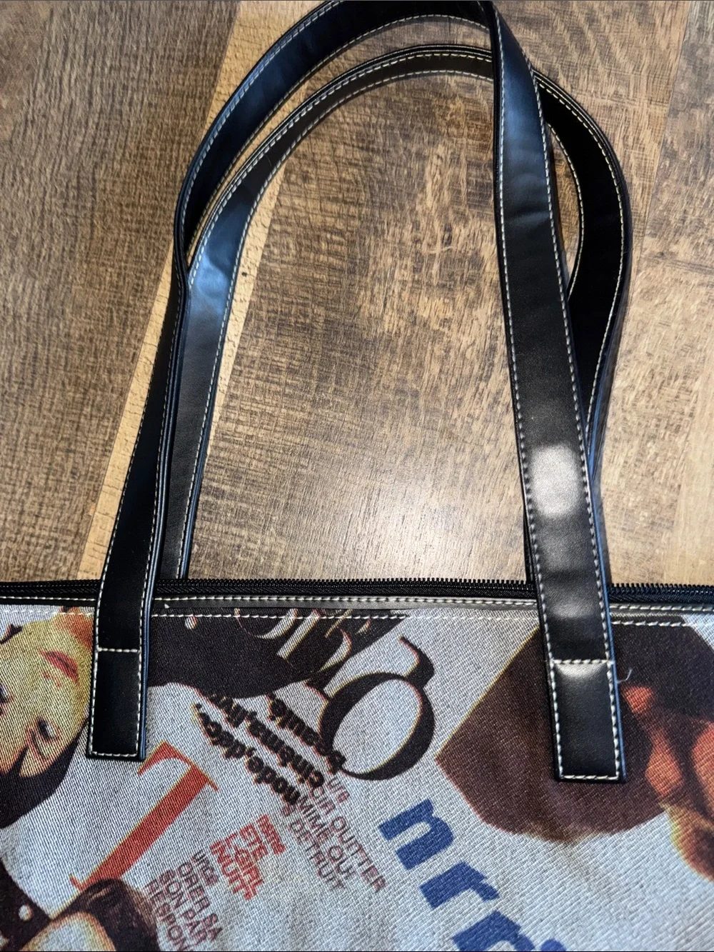 Y2K Vintage French Newspaper Magazine Print Canvas Faux Leather Tote Bag